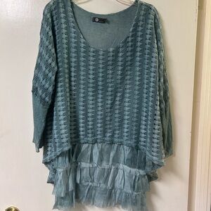 Made In Italy Boho Crochet Ruffle Tier Silk Blend Top Size XL Teal Green